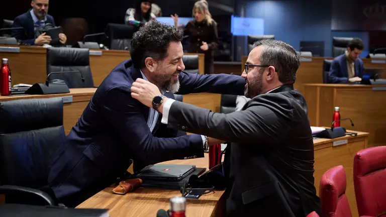 Ram&oacute;n Alz&oacute;rriz, del PSN, junto a Javier Rem&iacute;rez, vicepresidente del Gobierno de Navarra, durante el Pleno del Parlamento de Navarra. PABLO LASAOSA