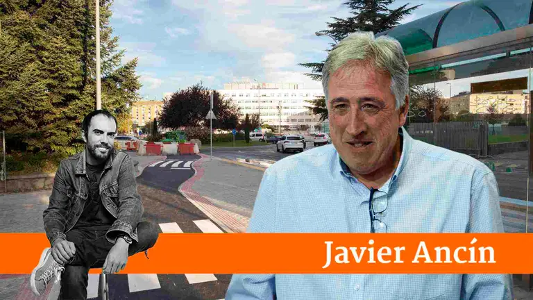 Fotomontaje de Joseba Asiron en un carril bici en obras de Pamplona.