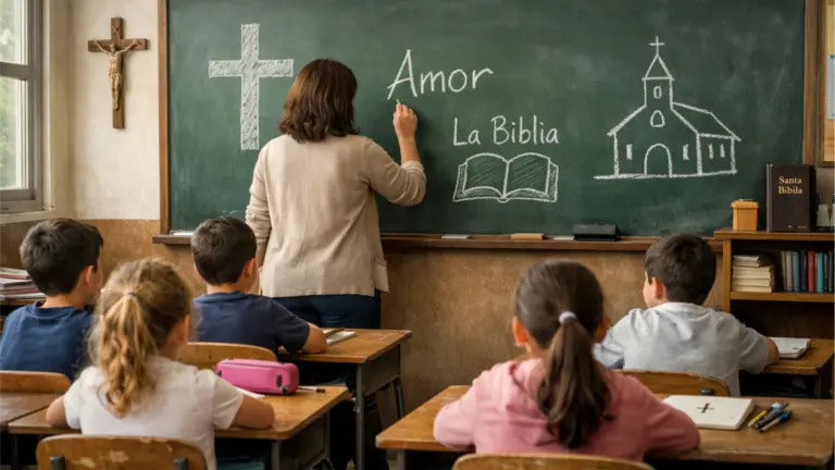 Imagen generada con Inteligencia Artificial de una clase de Religi&oacute;n en un colegio. CEDIDA