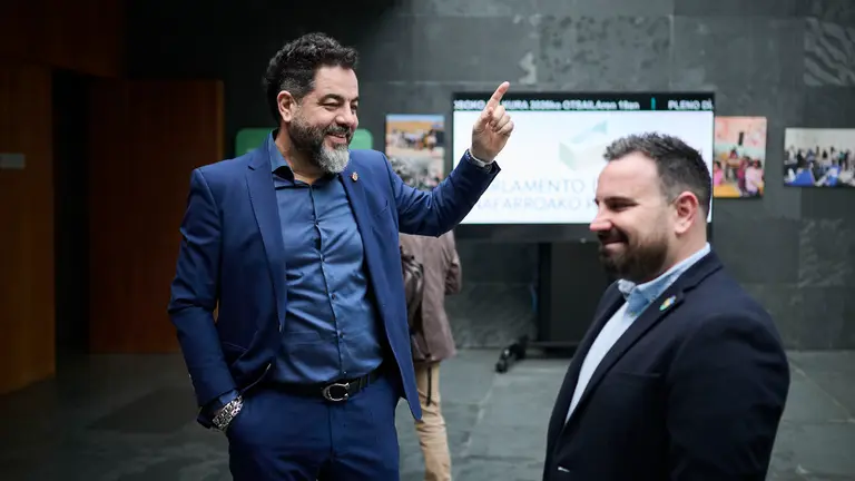 Ram&oacute;n Alzorriz y Carlos Mena, del PSN, durante el Pleno del Parlamento de Navarra. PABLO LASAOSA