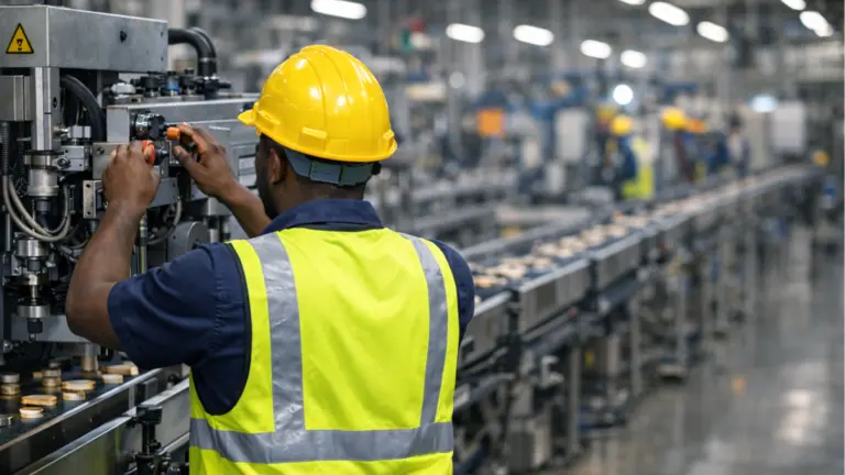 Imagen generada con Inteligencia Artificial de un operario en una l&iacute;nea de producci&oacute;n. CHAT GPT