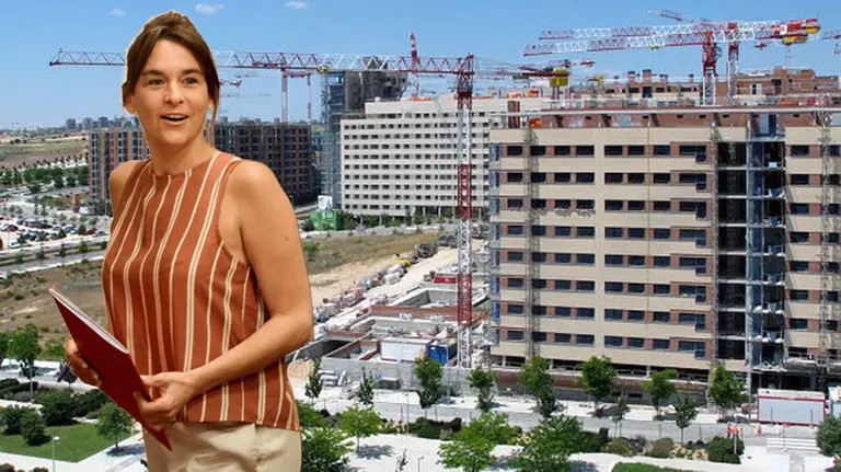 Fotomontaje con una imagen de la consejera de Vivienda, Bego&ntilde;a Alfaro, sobre unos bloques en construcci&oacute;n. NAVARRA.COM