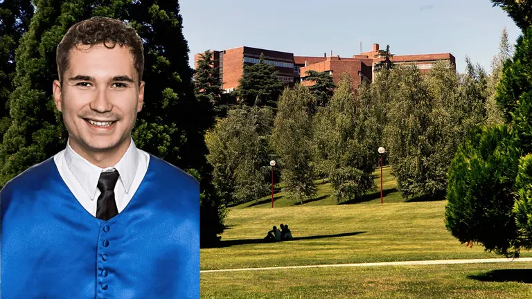 Fotomontaje con una imagen de Ander Aranguren sobre una vista del campus de la Universidad de Navarra. NAVARRA.COM