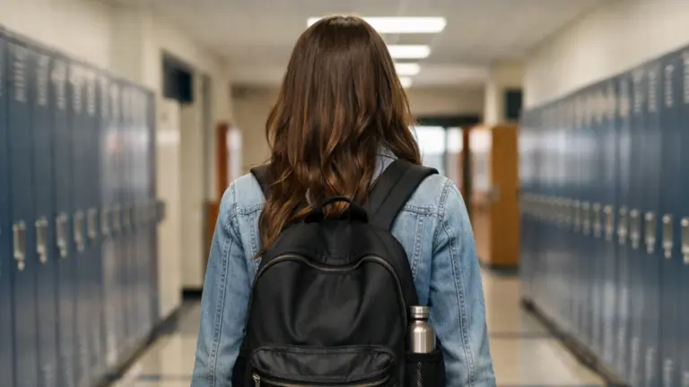 Imagen generada con Inteligencia Artificial de una chica joven caminando en un instituto. CHAT GPT