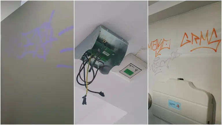 Fotomontaje con varias im&aacute;genes que muestran los actos vand&aacute;licos en los ba&ntilde;os de Estella. CEDIDA