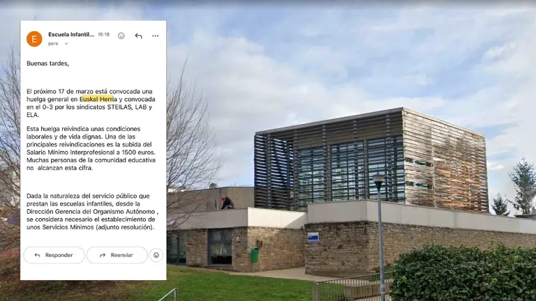 Captura del correo enviado sobre una imagen de la escuela infantil de Mendillorri.