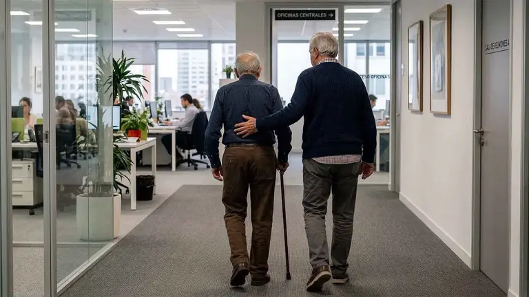 Dos hombres caminan por el interior de unas oficinas.