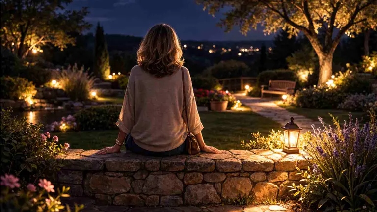 Imagen generada con inteligencia artificial de una mujer sentada en un muro durante la noche. CHAT GPT
