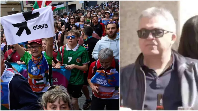 Fotomontaje con una imagen de la Korrika 2026 a su paso por Pamplona y otra de Santos Cerd&aacute;n como espectador en Milagro. NAVARRA.COM