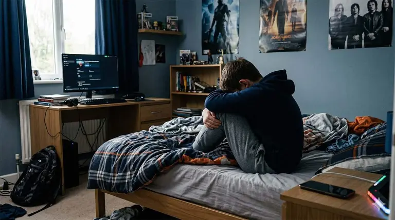 Imagen de un ni&ntilde;o llorando en su dormitorio.