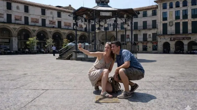 Unos j&oacute;venes se hacen un selfie en el lugar de la placa que marca la Bajada del &Aacute;ngel. AYUNTAMIENTO DE TUDELA