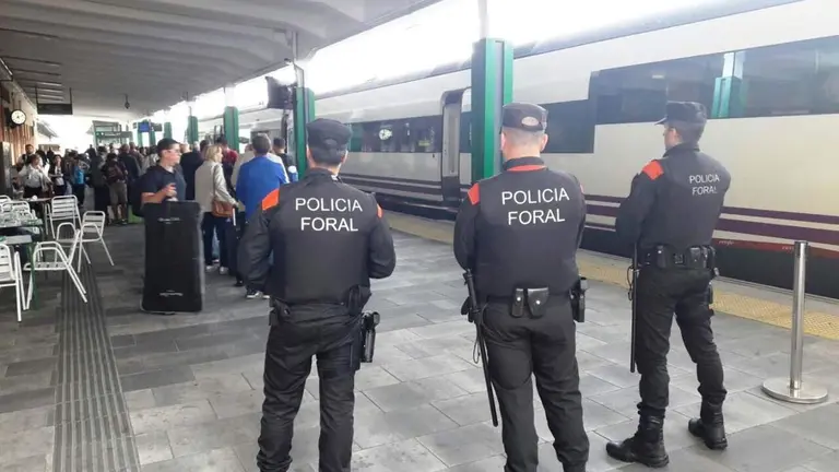 Agentes de la Polic&iacute;a Foral viviglan la estaci&oacute;n de Renfe en Pamplona mientras varios viajeros suben al tren POLIC&Iacute;A FORAL