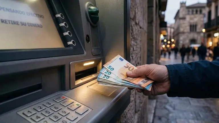 Una persona saca dinero de un cajero autom&aacute;tico.