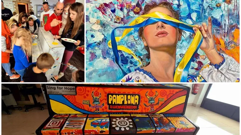 Fotomontaje con una imagen de los ni&ntilde;os pintando el piano, el cuadro y el piano que sale a subasta. CEDIDA