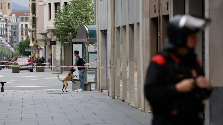 Imagen del cord&oacute;n policial en Carlos III. Al fondo, gu&iacute;as caninos de Polic&iacute;a Foral. EFE