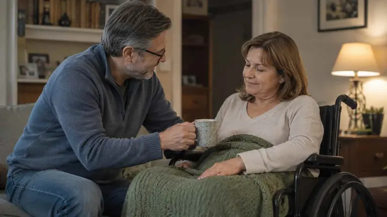Imagen generada con Inteligencia Artificial de un hombre cuidando de su mujer en silla de ruedas. CHAT GPT