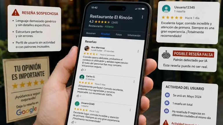 Una persona consulta rese&ntilde;as de Google en su m&oacute;vil.