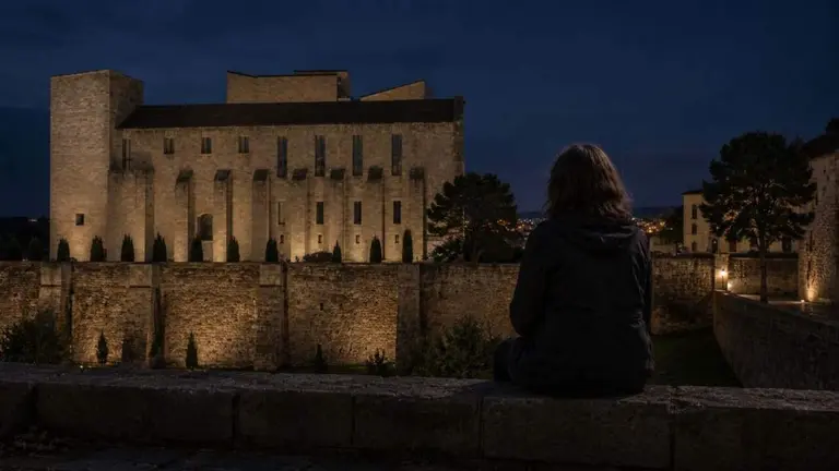 Una mujer sentada en la zona del Archivo General de Navarra, donde ocurrieron los hechos en Pamplona.