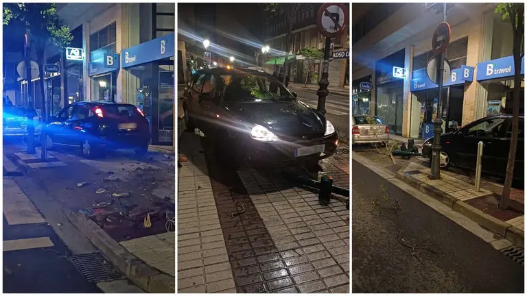 Imagen del estado en el que ha quedado el coche subido a la acera en Tudela. POLIC&Iacute;A LOCAL DE TUDELA