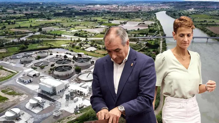 Fotomontaje de Mar&iacute;a Chivite y &Oacute;scar Chivite sobre la Estaci&oacute;n Depuradora de Tudela junto a la cual quieren montar la planta de fangos, lodos y desechos fecales.