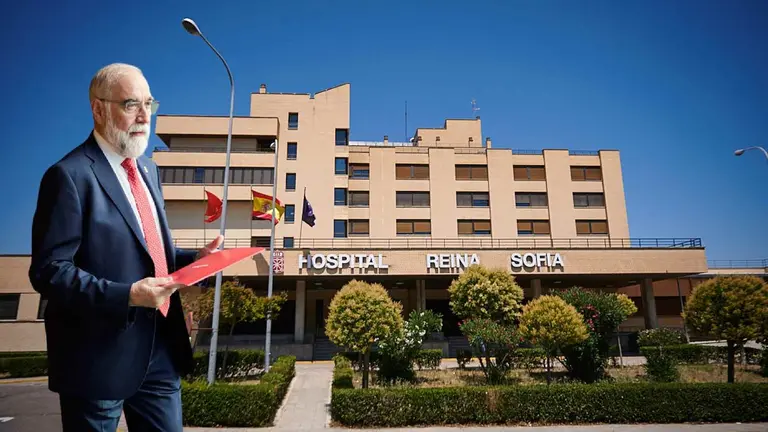 Fotomontaje con una imagen del consejero de Salud de Navarra, Fernando Dom&iacute;nguez, sobre una vista del Hospital Reina Sof&iacute;a de Tudela. NAVARRA.COM