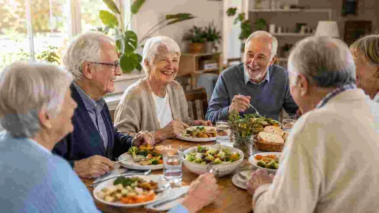 Perdonas mayores comiendo en el comedor de una residencia. Imagen generada por IA.