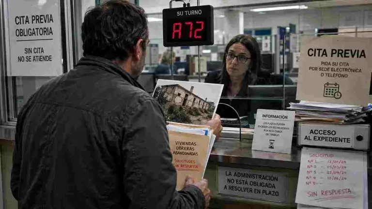 Un ciudadano en la ventanilla de la Administraci&oacute;n. Imagen generada con Inteligencia Artificial.