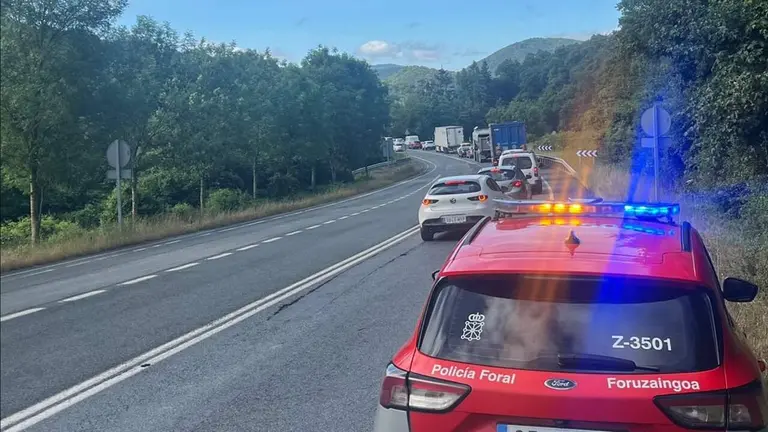 Imagen del corte provocado por el accidente de cami&oacute;n en Ulzama. POLIC&Iacute;A FORAL