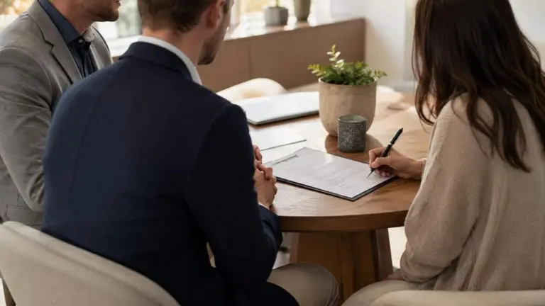 Una mujer firma un contrato en una oficina.