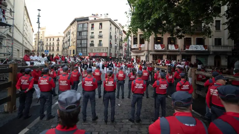 Agentes de Polic&iacute;a Foral durante un encierro de San Ferm&iacute;n.
