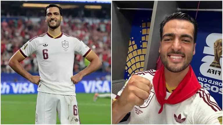 Mikel Merino celebra el gol marcado contra Portugal en el Mundial 2026 en el campo y en el vestuario con el pa&ntilde;uelico de San Ferm&iacute;n anudado al cuello.