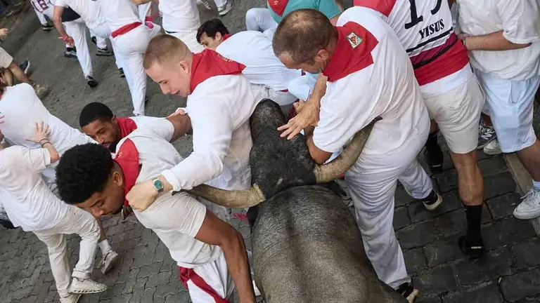 el quinto encierro de los Sanfermines de 2026, a 11 de julio de 2026, en Pamplona, Navarra (Espa&ntilde;a). En esta edici&oacute;n, el quinto encierro de las fiestas de San Ferm&iacute;n corre a cargo de los toros de la ganader&iacute;a Jos&eacute; Escolar.
Eduardo Sanz / Europa Press
11/7/2026