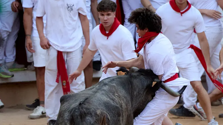Suelta de vaquillas en la Plaza de Toros de Pamplona tras el quinto de San Ferm&iacute;n 2026. I&Ntilde;IGO ALZUGARAY
