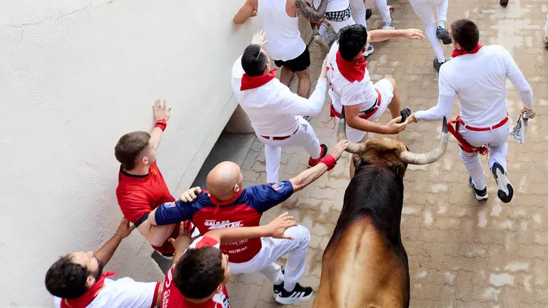 Sexto encierro de San Ferm&iacute;n 2026 con toros de la ganader&iacute;a de La Palmosilla en el tramo del callej&oacute;n y entrada a la plaza. I&Ntilde;IGO ALZUGARAY