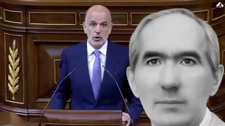 Fotomontaje con una image de Jos&eacute; Javier M&uacute;jica sobre una foto de ALberto Catal&aacute;n hablando en el Senado. UPN