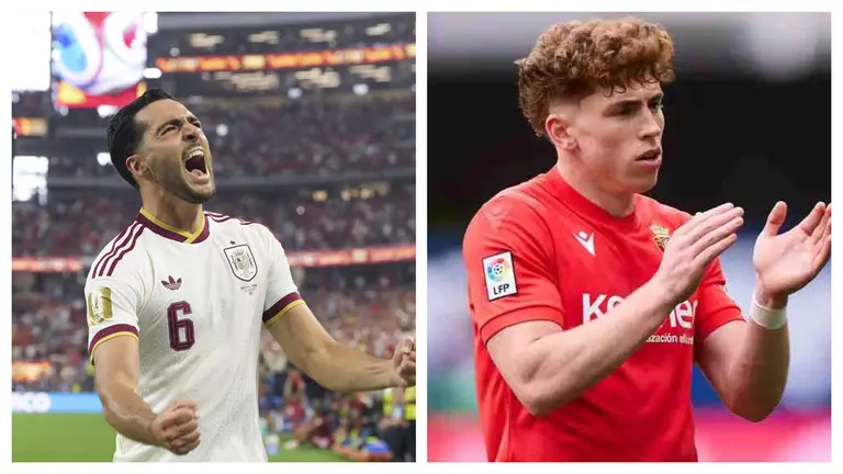 Mikel Merino (izda.) y V&iacute;ctor Mu&ntilde;oz (dcha.), campeones del mundo y ex jugadores de Osasuna.