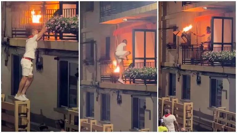 Un joven se encarama al un primer piso en No&aacute;in para apagar un incendio.