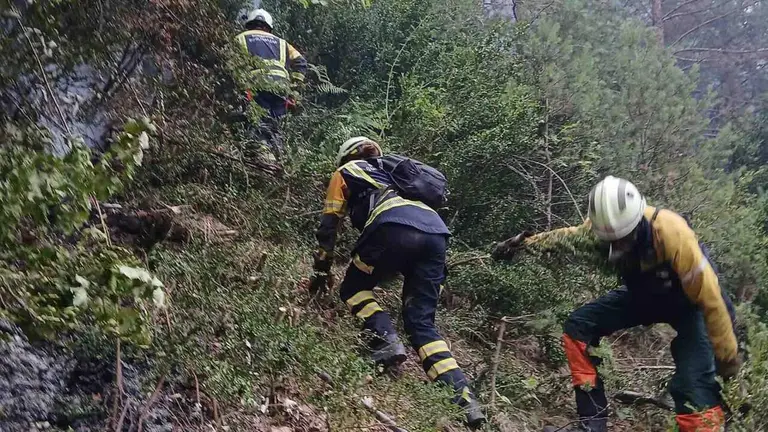 Bomberos trabajan en la extinci&oacute;n del incendio forestal de Urzainki.