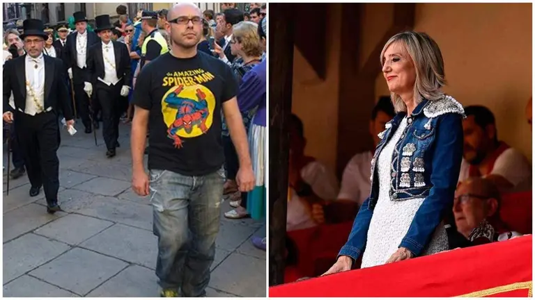 A la izquierda, el concejal de Podemos, Armando Cuenca, con una camiseta de Spiderman el d&iacute;a del Privilegio de la Uni&oacute;n. A la derecha, Cristina Ibarrola presidiendo una corrida los pasados Sanfermines.