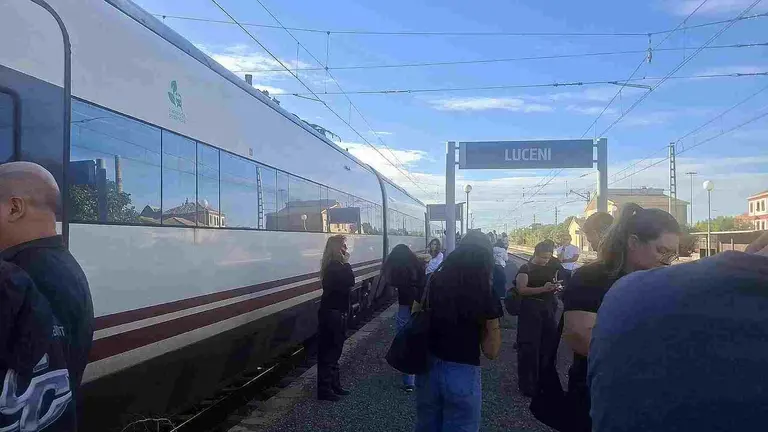 El tren ALvia Pamplona-Madrid detenido en la estaci&oacute;n de Luceni  y con sus pasajeros en la estaci&oacute;n.