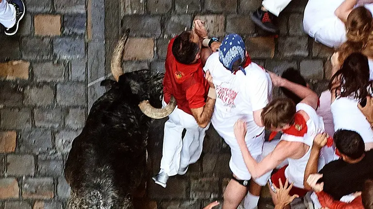 Los toros de la ganadería gaditana de Cebada Gago en el tramo final de la calle Estafeta durante el segundo encierro de los Sanfermines 2019. EFE/Daniel Fernández