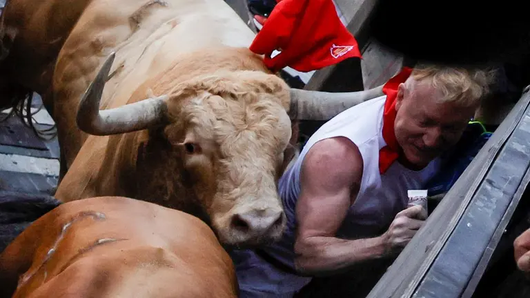 Los toros de la ganadería gaditana Núñez del Cuvillo a su llegada a la curva la calle de la Estafeta durante el primer encierro de los Sanfermines 2022. EFE