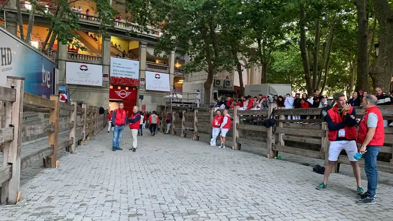 Bajada al callejón de la plaza de toros antes del encierro del día 8 de julio con toros de Fuente Ymbro. NAVARRA.COM