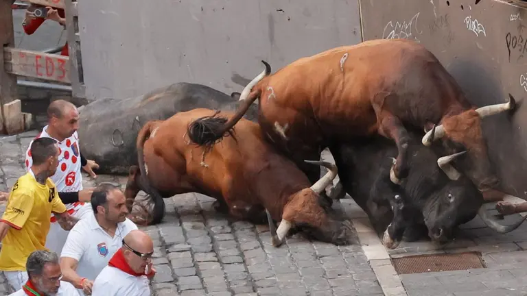 Los toros de la ganadería gaditana de Cebada Gago caen a su llegada a la curva de Mercaderes antes de enfilar la Estafeta durante el quinto encierro de los Sanfermines, este lunes en Pamplona. EFE Villar López  (1)