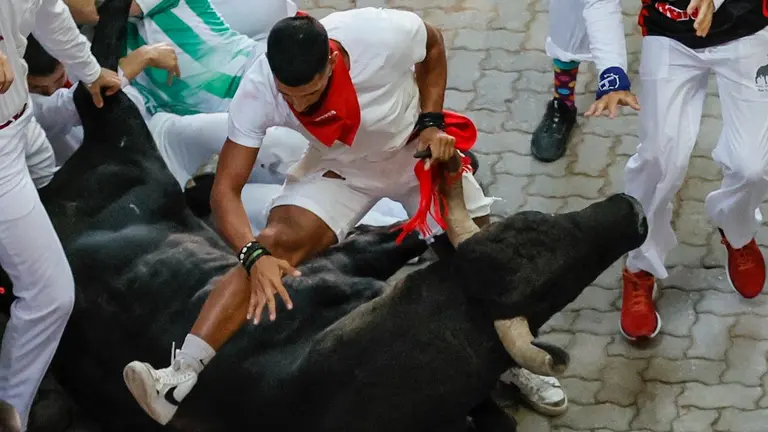 Los toros de la ganadería de Jandilla a su paso por el callejón de entrada a la plaza de toros durante el sexto encierro de los Sanfermines. EFE Villar López 3