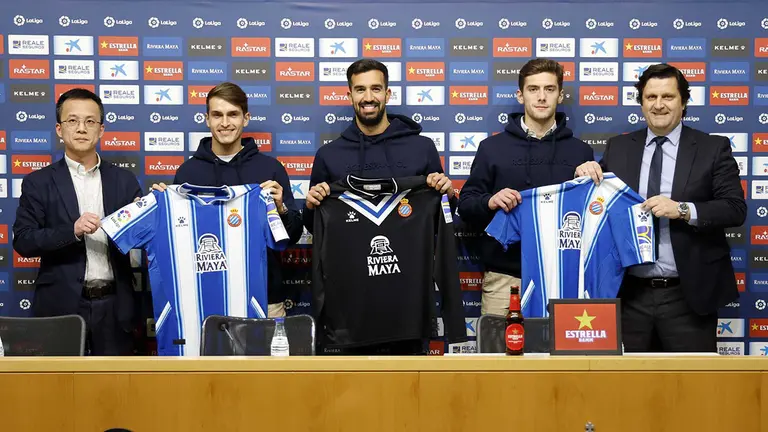 Los tres fichajes del equipo catalán en el mercado de invierno: Denis Suárez, Pacheco y Grajera. RCD Espanyol.