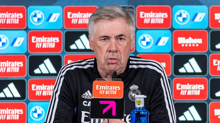 Carlo Ancelotti en una rueda de prensa en Valdedebas. Photo: -/LaPresse via ZUMA Press/dpa.