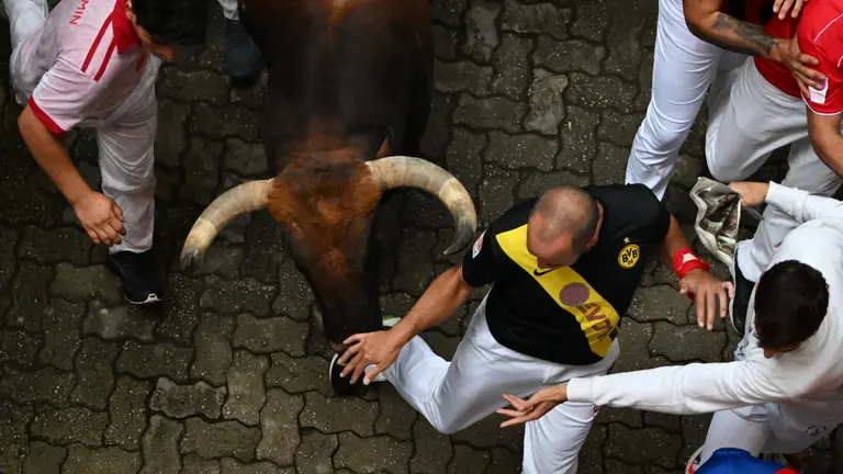 Primer encierro de San Fermín 2023 con toros de La Palmosilla en la bajada al callejón. EFE - Eloy Alonso (5)