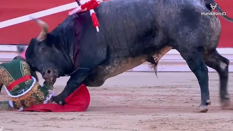 Momento de la cogida a Fernando Robleño.