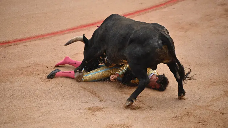 El toro Reinasolo hiere de gravedad al torero Rubén Pinar con una cogida por asta en la última corrida de San Fermín a cargo de los Miura en Pamplona. PABLO LASAOSA